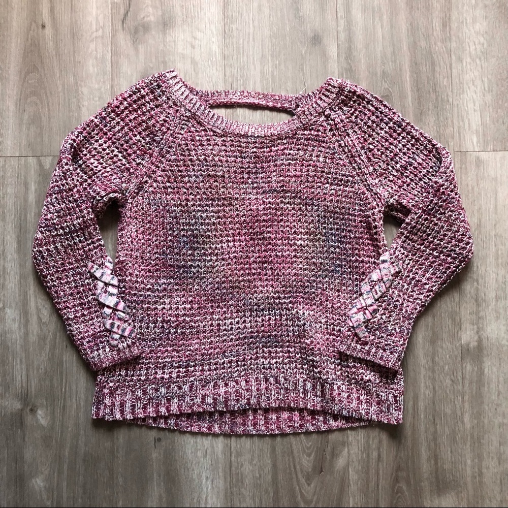 American rag cie sweater womens size large knit open back braided sleeve purple